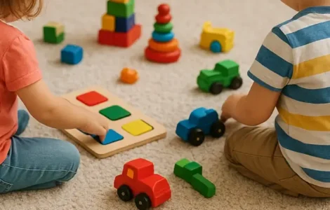 Kinder, die in einem Zimmer mit Holzspielzeug spielen.