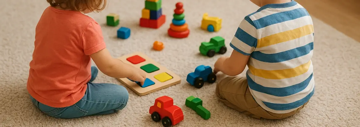 Kinder, die in einem Zimmer mit Holzspielzeug spielen.
