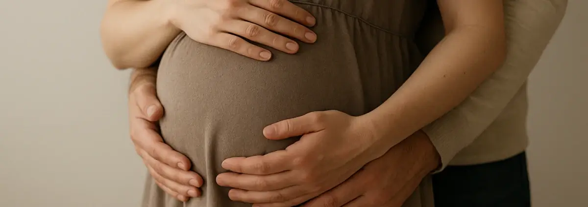 Hände von einem Paar die den Babybauch berühren.