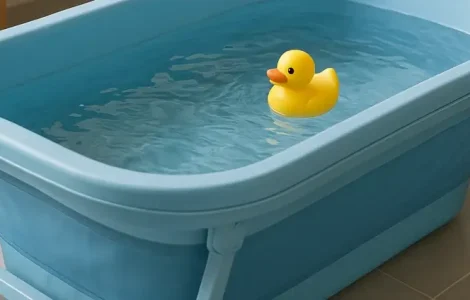 Faltbare Badewanne, in der eine gelbe Badeente schwimmt.