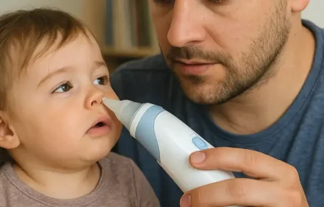 Papa, der seinem Kind mit einem elektrischen Nasensauger die Nase säubert.