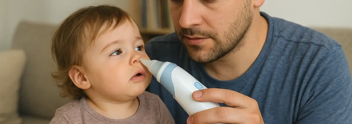 Papa, der seinem Kind mit einem elektrischen Nasensauger die Nase säubert.