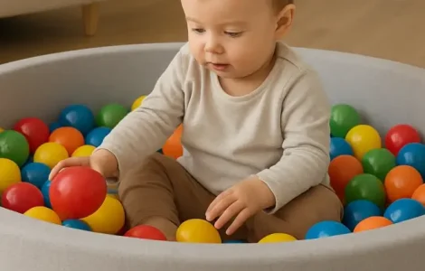 Kleinkind, welches in einem runden Bällebad mit vielen bunten Bällen sitzt.
