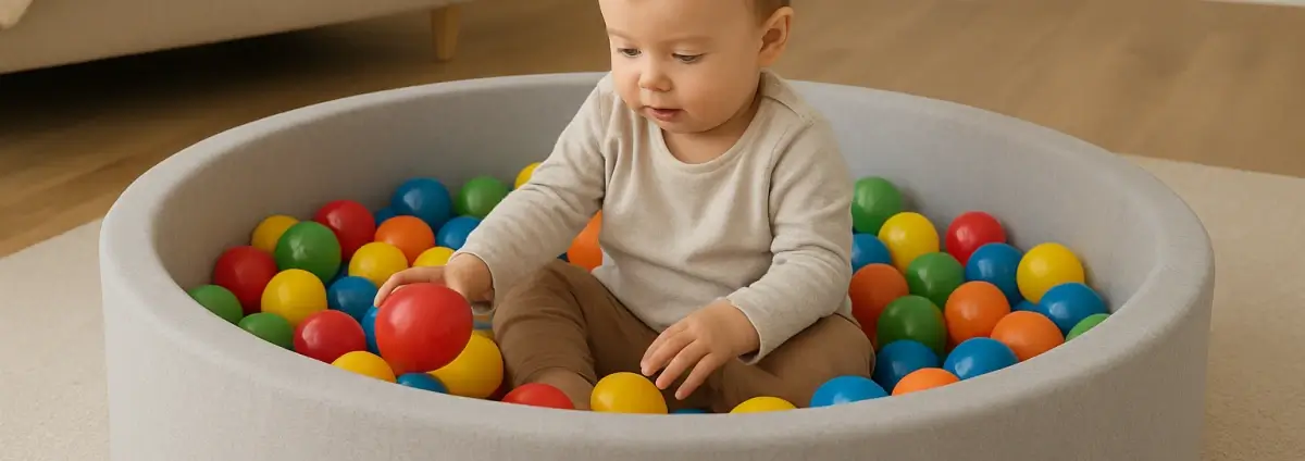 Kleinkind, welches in einem runden Bällebad mit vielen bunten Bällen sitzt.