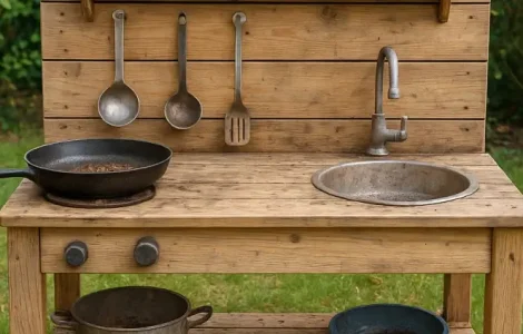 Matschküche aus Holz mit passenden Utensilien.
