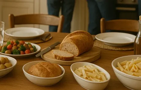 Gedeckter Tisch und Familie, die im Hintergrund Essen zubereitet.