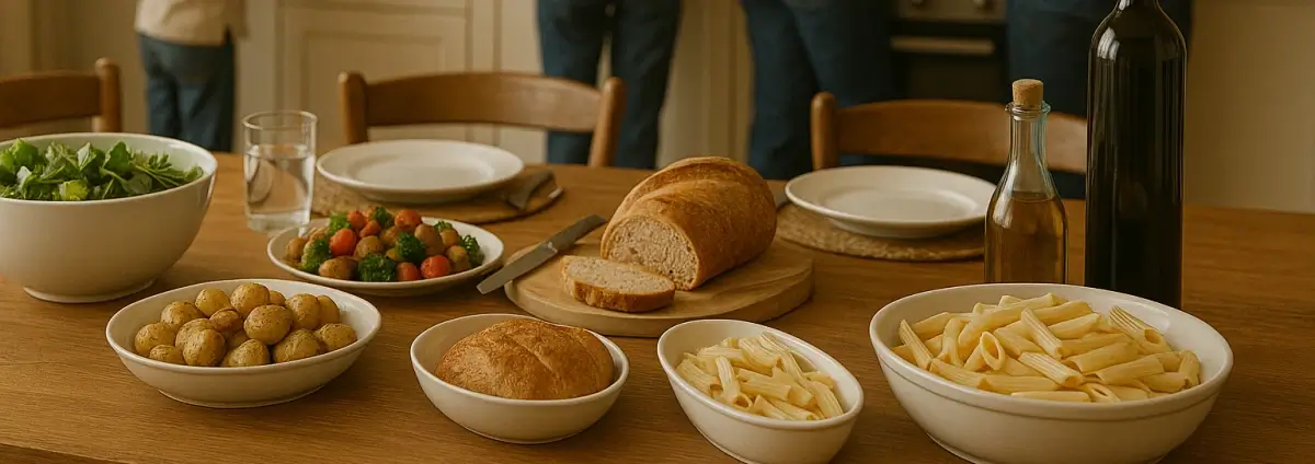 Gedeckter Tisch und Familie, die im Hintergrund Essen zubereitet.