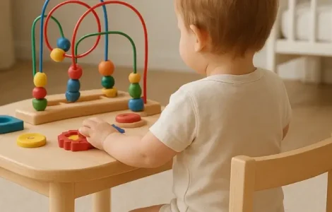 Kleinkind, das an einem Aktivitätstisch mit einer Motorikschleife sitzt.