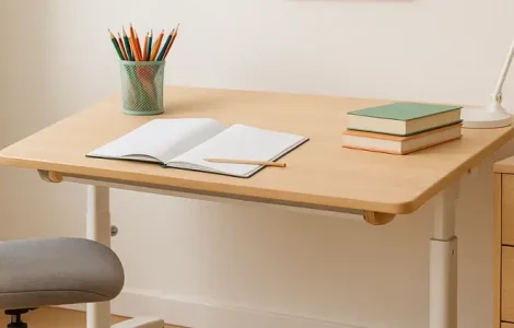 Höhenverstellbarer Schreibtisch für Kinder mit kindlicher Dekoration.