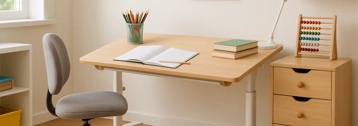 Höhenverstellbarer Schreibtisch für Kinder mit kindlicher Dekoration.