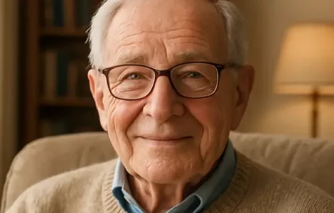 Opa mit Brille, der in einem Wohnzimmer sitzt.