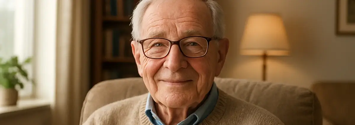 Opa mit Brille, der in einem Wohnzimmer sitzt.