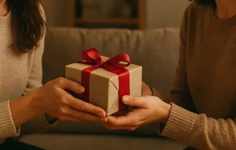 Frauen, die sich ein Geschenk überreichen.