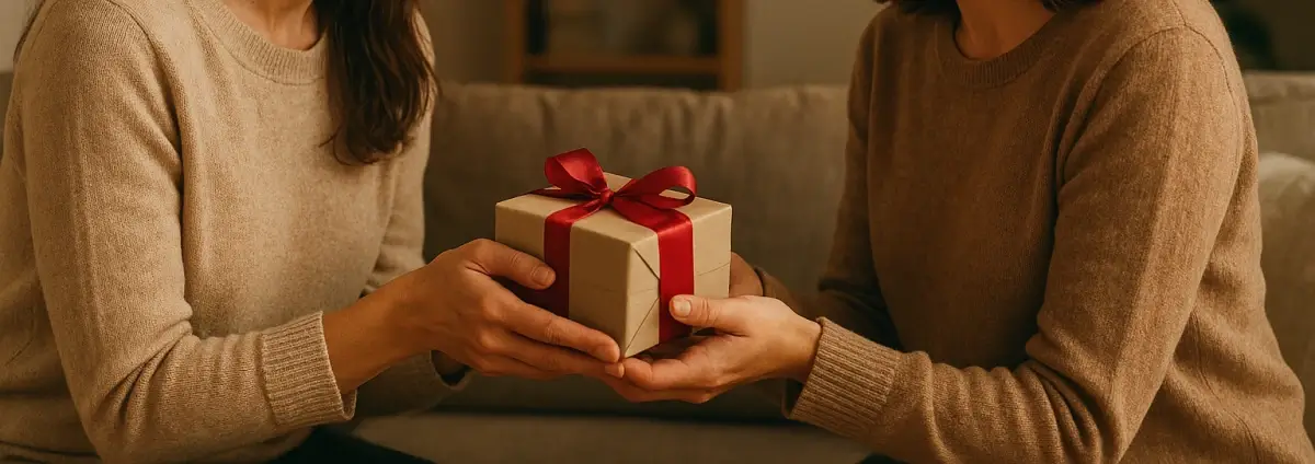 Frauen, die sich ein Geschenk überreichen.