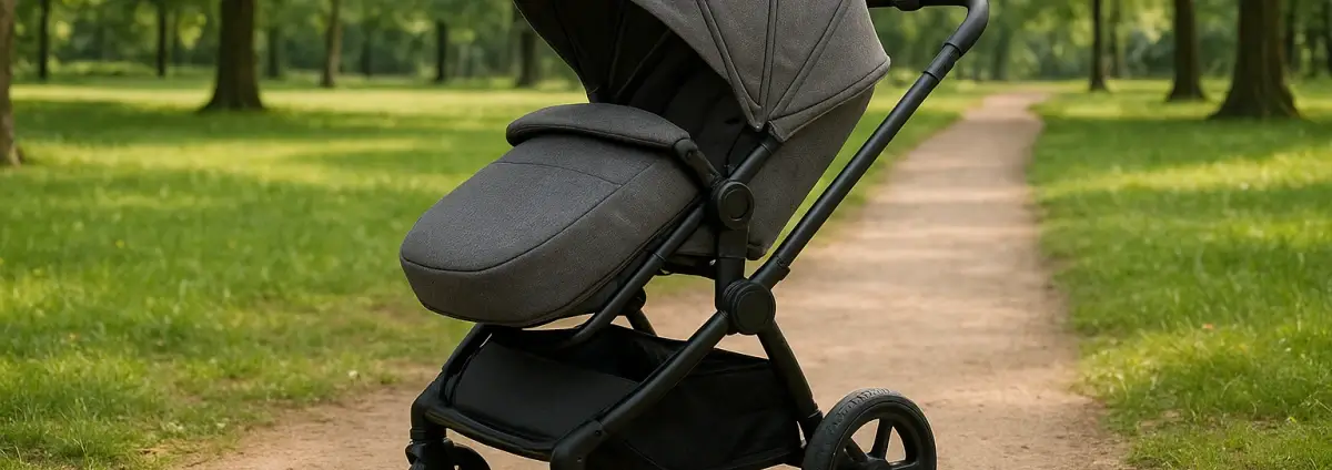 Kombikinderwagen, der in einem Park steht.