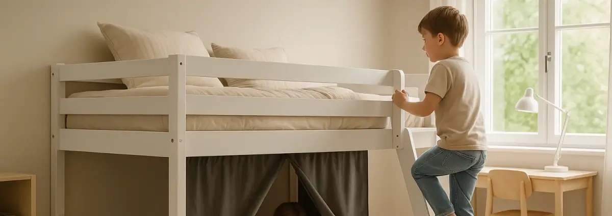 Kind, das über eine Treppe in ein Hochbett steigt.